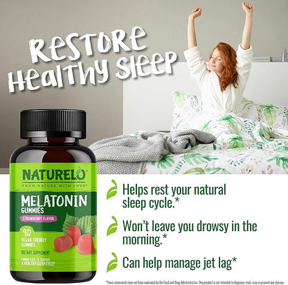 NATURELO Melatonin Gummies – Non-GMO, Gluten-Free, Soy Free - Strawberry Flavor - Gentle Sleep Supplement - 180 Vegetarian Gummies (Pack of 2)