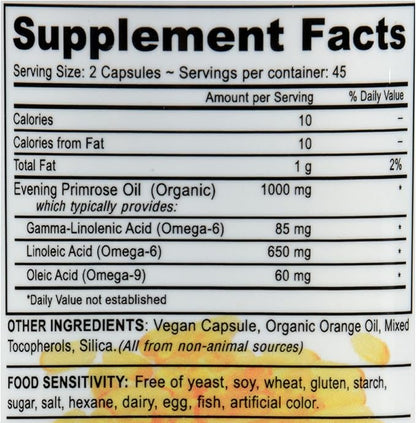 Deva Vegan Evening Primrose Oil - Unrefined - Cold Pressed - Gluten Free - 90 Vegan Capsules (Pack of 2)