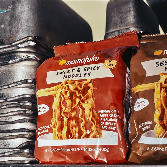 Momofuku Sweet and Spicy Noodles Ramen Noodles by David Chang, 4 Pack of Restaurant Quality Air-Dried Instant Noodles Now with More Sauce & 10g of Protein