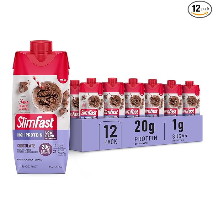 SlimFast Protein Shake, Chocolate- 20g Protein, Meal Replacement Shake Ready to Drink, High Protein with Low Carb and Low Sugar, 24 Vitamins and Minerals, 12 Count (Pack of 1) (Packaging May Vary)