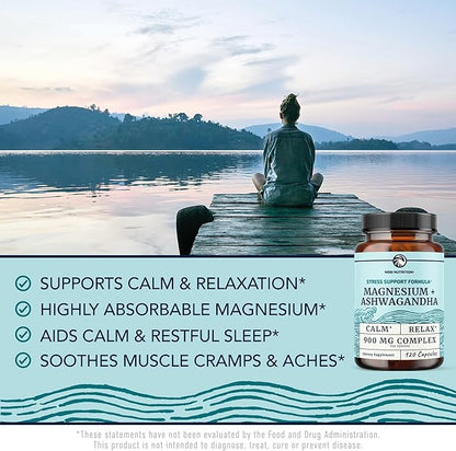 Magnesium Ashwagandha | Calming Magnesium Supplement for Adults | Relax, Rest, Calm Mood & Sleep Support | Mag Citrate & Oxide 400 mg + Ashwagandha 500 mg | Muscle Health & Stress Relief | 120 Ct