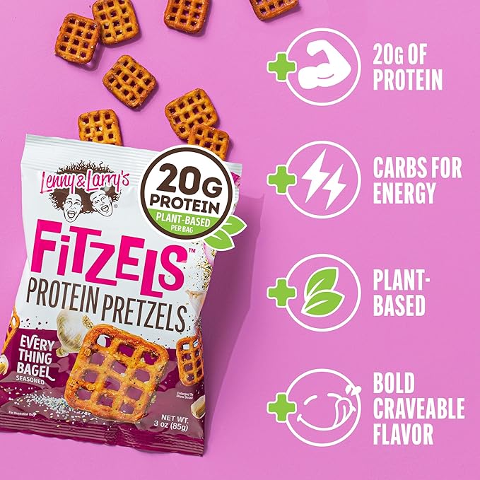 Lenny & Larry's FITZELS Protein Pretzels (Everything Bagel) 8 Individual Bags 3 oz Each – High Protein Snacks with 20g of Plant Based Protein – Healthy Vegan Pretzels – Delicious Salty Taste