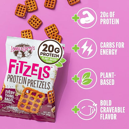 Lenny & Larry's FITZELS Protein Pretzels (Everything Bagel) 8 Individual Bags 3 oz Each – High Protein Snacks with 20g of Plant Based Protein – Healthy Vegan Pretzels – Delicious Salty Taste