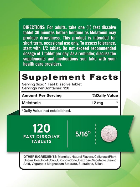 Nature's Truth Melatonin Tablets | 12mg | 120 Count | Natural Berry Flavor | Fast Dissolve | Vegan, Non-GMO & Gluten Free Supplement