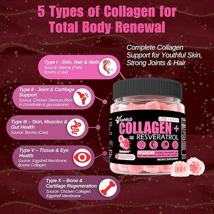 Multi Collagen Gummies Hydrolyzed Type I, II, III, V, X Plus Resveratrol Hyaluronic Acid & Biotin Gummies for Hair Skin and Nails Vitamins | Multi Collagen Peptides | Sugar Free