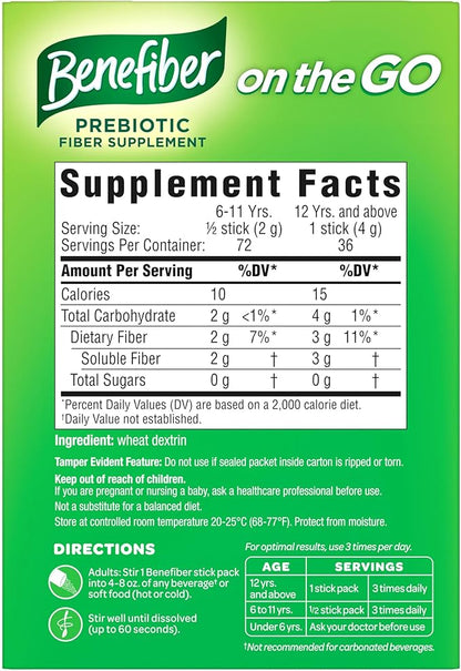 Benefiber On The Go Prebiotic Fiber Supplement Powder for Digestive Health, Daily Fiber Powder, Unflavored Powder Stick Packs - 36 Sticks (Pack of 2)