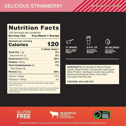 Optimum Nutrition Gold Standard 100% Whey Protein Powder, Delicious Strawberry, 10 Pound (Packaging May Vary)