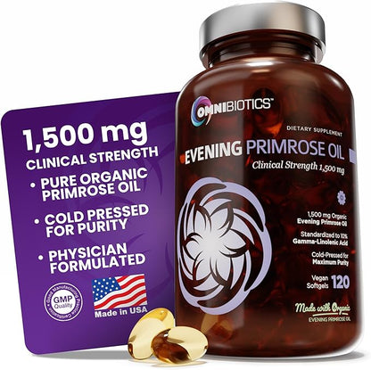 OmniBiotics Organic Evening Primrose Oil for Women – Clinical Strength 1500mg per Capsule, 10% GLA, Cold-Pressed, Non-GMO, Hormone Balance for Women – 120 Vegan Softgel Capsules