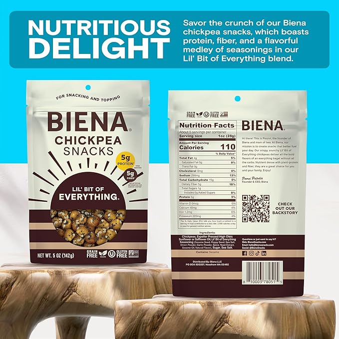 Biena Crispy Roasted Chickpea Snacks, Lil’ Bit of Everything, High Protein Snacks, High Fiber Snacks, Gluten Free, Plant-Based, Non-GMO, Healthy Snacks for Adults and Kids, 4-Pack 5 Ounce Bags