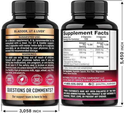 D-Mannose 2000mg with Cranberry & Hibiscus - Clinically Tested Strength for Urinary Tract Health - Supplement for Women - Bladder, Liver & Microflora Support - Made in USA - Vegan, 240 Capsules