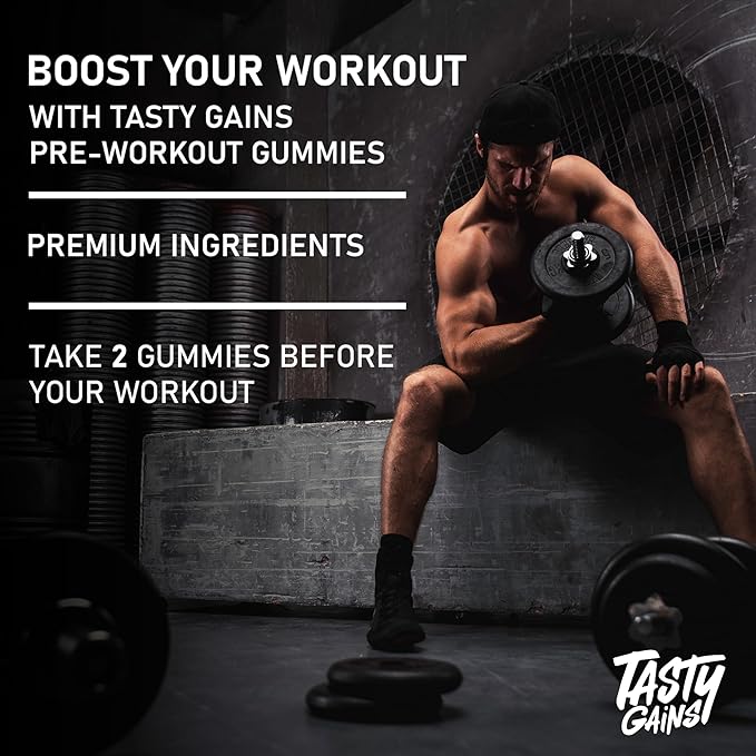 TASTY GAINS - Pre-Workout Gummies – Energy & Focus Boost, Caffeine Gummies for Men & Women, 200mg of Caffeine, Fat-Burning Preworkout for Strength & Endurance (60, Pineapple Mango)