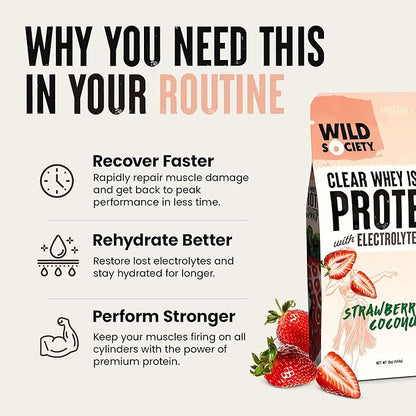 WILD SOCIETY - Clear Protein Powder + Electrolytes - 20g Clear Whey Protein Isolate Drink - Zero Sugar - 0g Lactose - Natural Flavors & Colors - Muscle Post Workout Recovery - Watermelon Lime, 16 oz