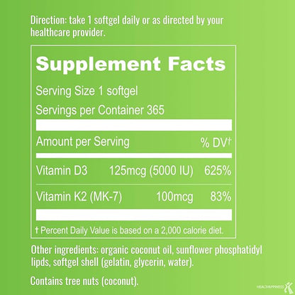 UpNourish Liposomal D3 K2 MK-7 – 365 Mini softgels with Organic Coconut Oil - 5000 IU 125 mcg Vitamin D3 and 100 mcg Vitamin k2 for Optimal Bone and Immune Health