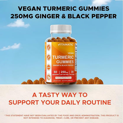 Vitamatic Turmeric Gummies with Ginger & Black Pepper Extract – 60 Vegan Gummies 95% Curcuminoids – Powerful Antioxidant & Inflammatory Support