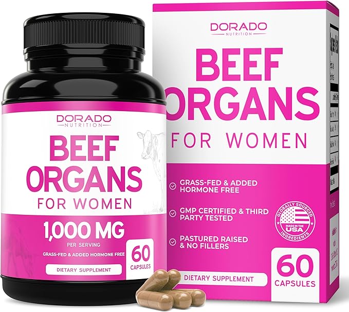 Beef Organ Supplement for Women - Grass Fed Beef Liver, Heart, Kidney & Uterus 1000mg Per Serving - Support Women's Energy & Overall Health - Third Party Tested & Non GMO - USA Made (60 Capsules)