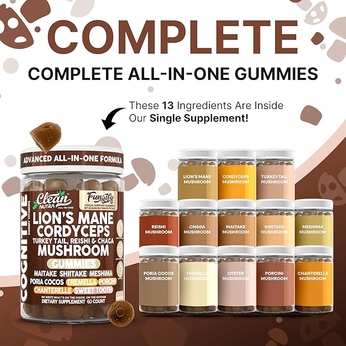 Clean Nutra Lions Mane Mushroom Gummies Cordyceps Supplement for Memory and Focus Immune Support Vitamins Reishi Chaga Turkey Tail Mushrooms Gummy Shiitake Maitake Meshima Supplements