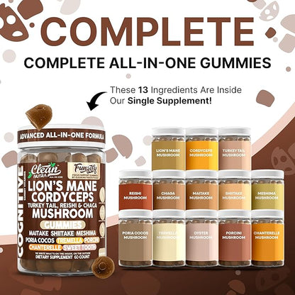 Clean Nutra Lions Mane Mushroom Gummies Cordyceps Supplement for Memory and Focus Immune Support Vitamins Reishi Chaga Turkey Tail Mushrooms Gummy Shiitake Maitake Meshima Supplements