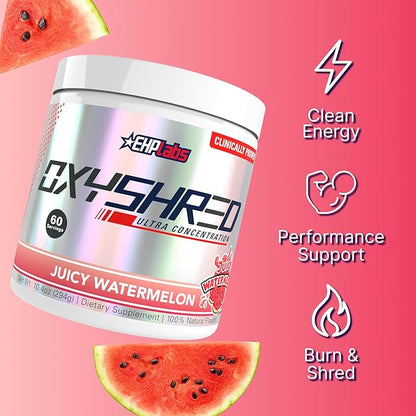 EHP Labs OxyShred Pre Workout Powder - Preworkout Powder with L Glutamine & Acetyl L Carnitine, Energy Boost Drink - Juicy Watermelon, 60 Servings