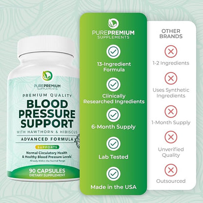 PurePremium Blood Pressure Supplements with Hawthorn Berry, Hibiscus, Garlic & Vitamin B12- Nitric Oxide Supplement for Normal Heart Health, Circulation Health & Blood Pressure Support - 180ct