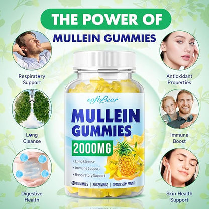 softbear 2PCS Mullein Gummies for Lungs, 2000mg Mullein Leaf Extract Supplement for Respiratory & Digestive & Immune Support, Organic, Vegan, Sugr-Free, Pieneapple Flavor 120 Count