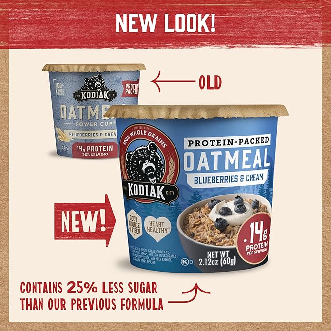 Kodiak Instant Oatmeal Cups, Blueberries & Cream, High Protein, 100% Whole Grains, (12 cups)