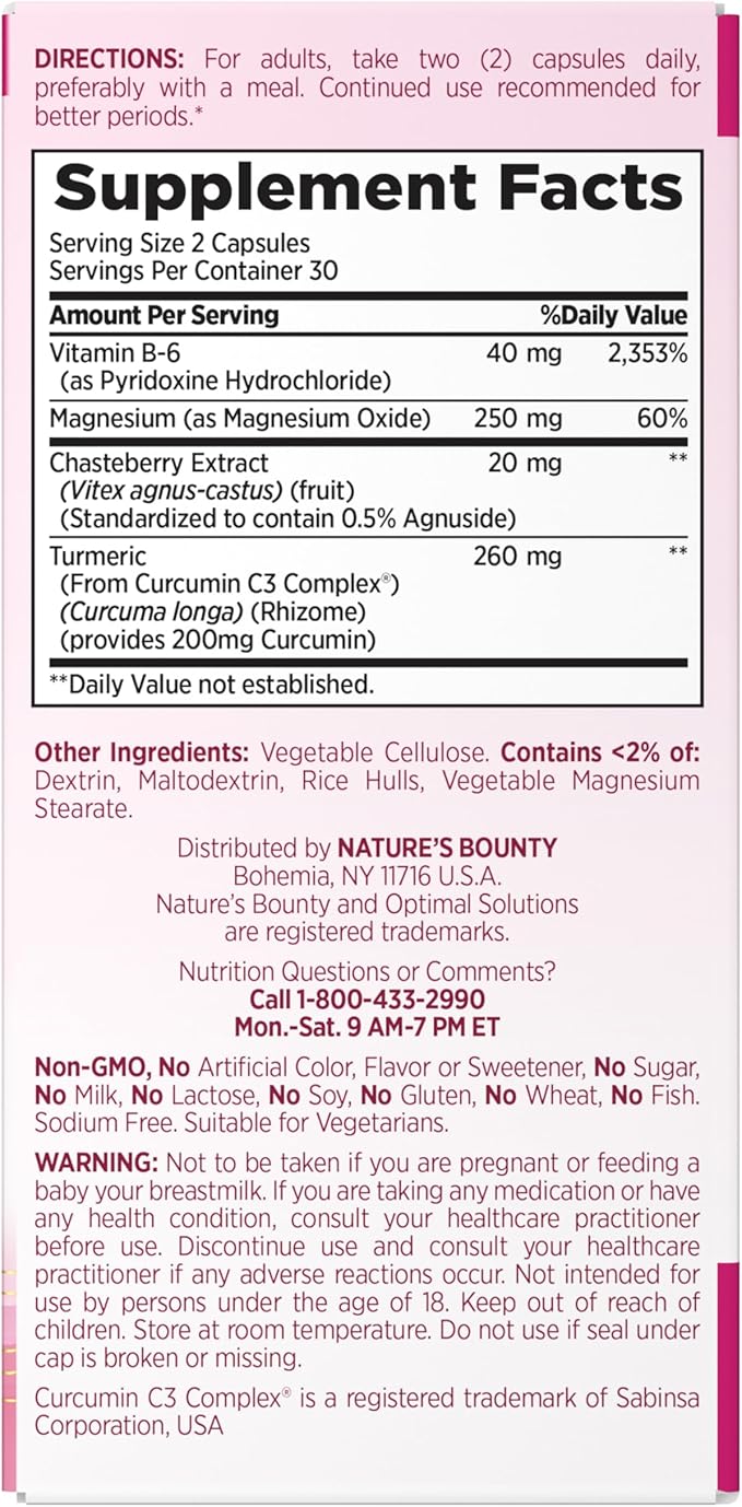 Nature's Bounty Optimal Solutions Advanced PMS Relief for Menstrual Cycle Support, PMS Support Supplement for Women, Bloating Relief – Chasteberry, Hormone-Free, 60 Vegetarian Capsules (Pack of 2)