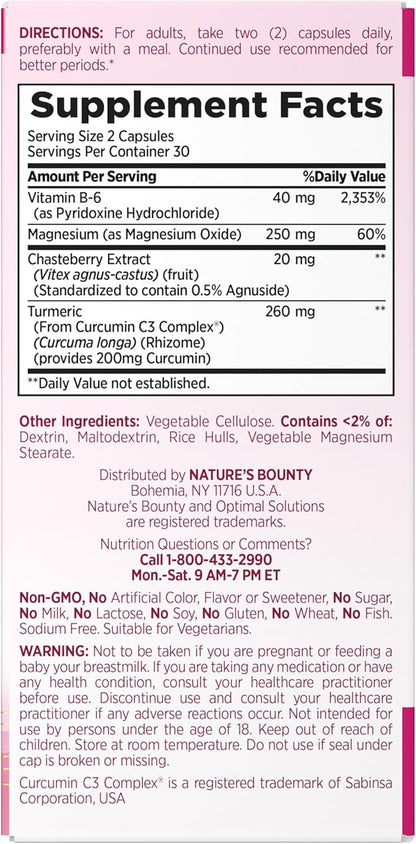 Nature's Bounty Optimal Solutions Advanced PMS Relief for Menstrual Cycle Support, PMS Support Supplement for Women, Bloating Relief – Chasteberry, Hormone-Free, 60 Vegetarian Capsules (Pack of 2)