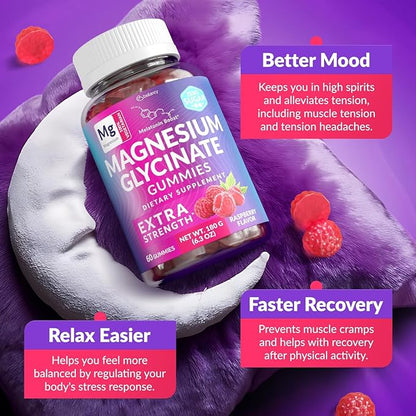 Magnesium Glycinate Gummies 400mg, Muscle Support and Relaxation, Magnesium Supplement for Women, Men and Kids, High Absorption, Sugar Free, Vegan, 60 Days Supply, Raspberry Flavor