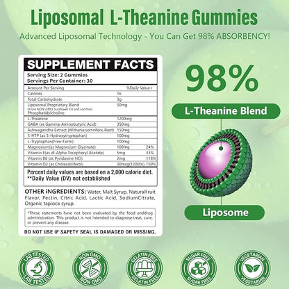 Liposomal L-Theanine 1200mg Gummies,Complex Magnesium GABA,5-HTP,Ashwagandha etc for Calm, Zzz & Relaxation Support for Adults,Children & Elderly,Liposomal Enhance 98% Absorption