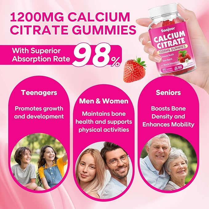 2 Pack Calcium Citrate Gummies 1200 mg - High Absorption Calcium for Strong Bones, Muscles & Immune Support - Vegan, Non-GMO, Natural Strawberry Flavor, 120 Count