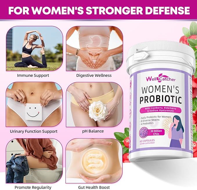 Vaginal Probiotics for Women: Daily Cranberry Probiotics with Prebiotics Support Digestive Urinary Tract Health pH Balance with 30 Billion CFU 8 Diverse Strains Vegan 60 Counts