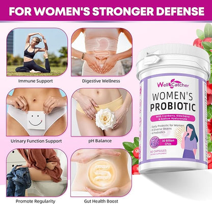 Vaginal Probiotics for Women: Daily Cranberry Probiotics with Prebiotics Support Digestive Urinary Tract Health pH Balance with 30 Billion CFU 8 Diverse Strains Vegan 60 Counts