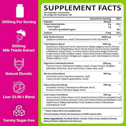 Liver Detox Cleanse & Repair, 2000 mg Milk Thistle Liver Detox, Liver Support Supplement with Glutathione, Dandelion Root, Turmeric & Artichoke, 23-in-1Herbal for Liver & Gut Health, Vegan, 60 Gummies