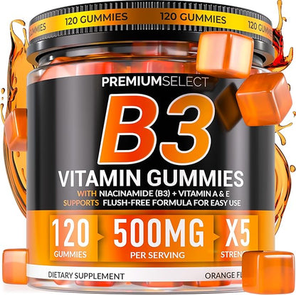 Vitamin B3 Gummies Niacinamide 500mg – Flush-Free Niacin Supplement with Vitamins A & E – 120 Vegan Gummies for Adults – Non-GMO, Sugar-Free, Gluten-Free – 2-Month Supply