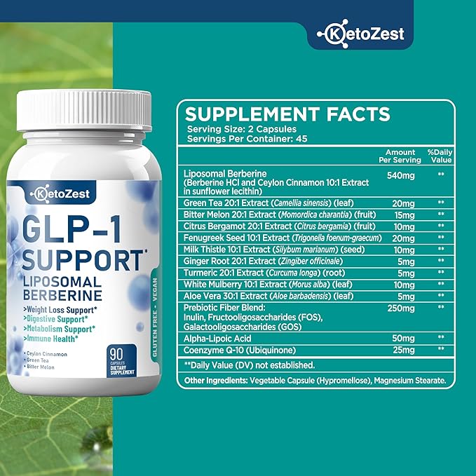 GLP-1 Support Weight Loss Supplement - 15-in-1 GLP1 Support for Weight Management Appetite Suppressant Fat Burn for Women Men - with Liposomal Berberine HCl Bitter Melon Citrus Bergamot