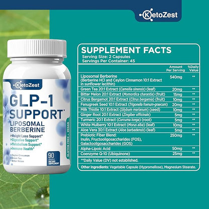 GLP-1 Support Weight Loss Supplement - 15-in-1 GLP1 Support for Weight Management Appetite Suppressant Fat Burn for Women Men - with Liposomal Berberine HCl Bitter Melon Citrus Bergamot
