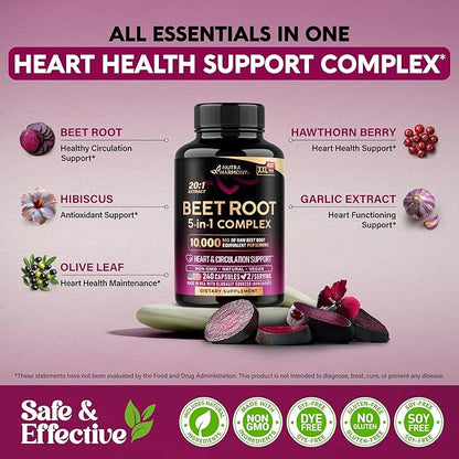 Beet Root 5-in-1 Complex Capsules - Healthy Blood Pressure Support Supplement** for Heart & Circulation Support - with Hawthorn Berry, Hibiscus & Garlic - for Men & Women - Made in USA, 240 Capsules