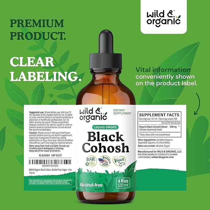Wild & Organic Black Cohosh Supplements - Menopause Supplements for Women - 540 mg Black Cohosh Root Extract Tincture - Add to Tea Drops - 5-Month Supply - Vegan, Sugar & Alcohol-Free - 4 fl oz
