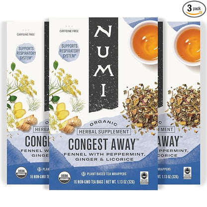 Numi Organic Congest Away Herbal Tea – 48 HerbalTea Bags – Caffeine Free Cooling Blend with Fennel Peppermint Ginger Cinnamon & Licorice for Soothing Respiratory Comfort