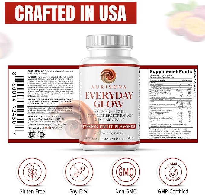 Everyday Glow Biotin 6000mcg & Marine Collagen Gummies | Advanced Dietary Supplement for Hair Skin and Nails Vitamins with B-Complex, Zinc, Vitamin C & E | Passion Fruit, Non-GMO, 60ct