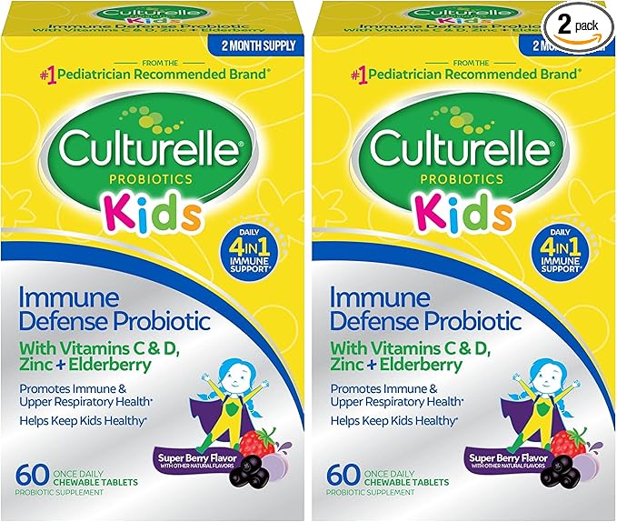 Culturelle Immune Defense Probiotic with Vitamin C,Vitamin D and Zinc + Elderberry,Non-GMO,4-in-1 Immune Support for Kids Ages 3+*,Mixed Berry Chewables,60 Count (Pack of 2)