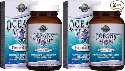 Garden of Life Oceans Mom Prenatal Fish Oil DHA, Omega 3 Supplement - Strawberry, 350mg Prenatal DHA Pregnancy Fish Oil Support for Mamas, Babys Brain & Eye Development, 30 Small Softgels(Pack of 2)