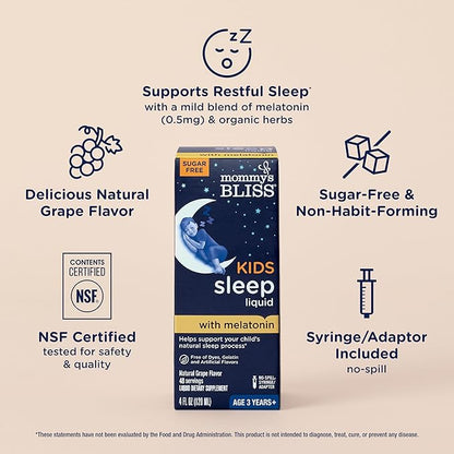 Mommy's Bliss Kids Sleep Liquid with Melatonin & Calming Herbs | Melatonin for Children 3 Years & Up | Grape Flavor | Sugar Free | 4 Fl Oz (60 Servings)