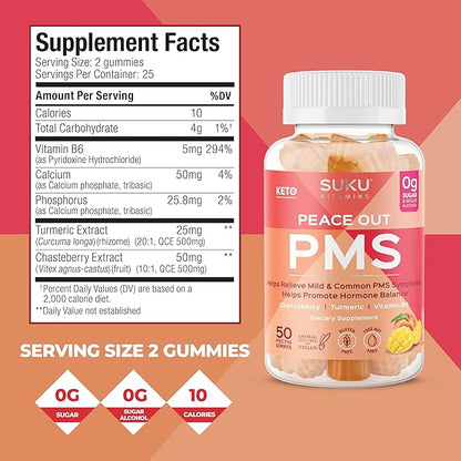 SUKU Vitamins - PMS Gummy Supplement with Chasteberry to Relieve PMS and Menopause Peach Mango Gummies (50 Count)
