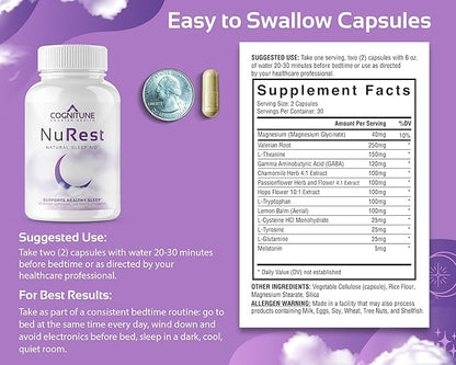 CogniTune Natural Sleep Aid for Adults - Herbal Sleep Aid Supplement - Non-Drowsy Formula with Melatonin, Valerian Root, Lemon Balm, Chamomile, GABA & More