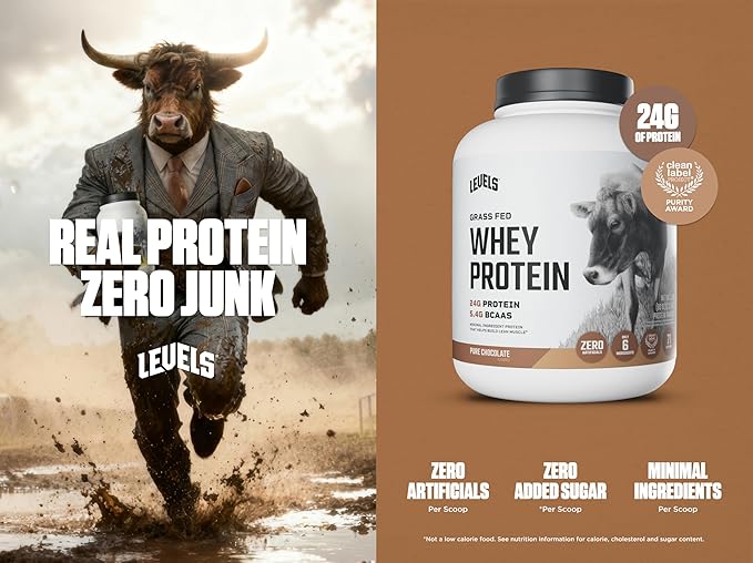 Levels Grass Fed Whey Protein Powder, No Artificials, 24G of Protein, Pure Chocolate, 5LB