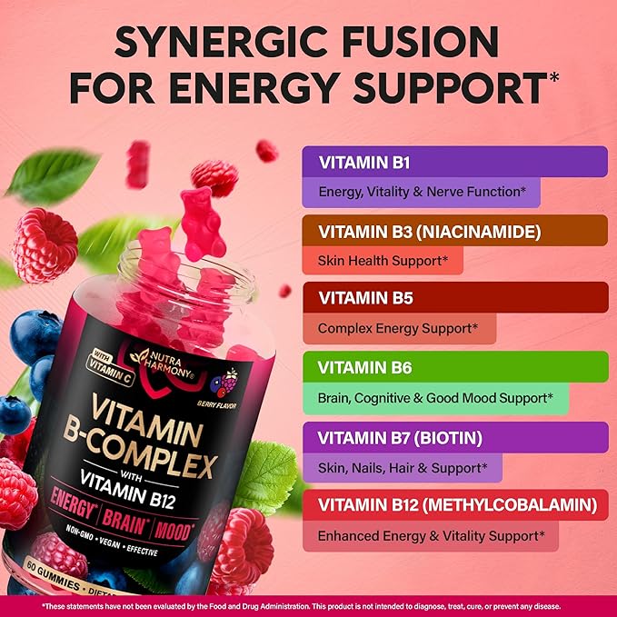 Vitamin B-Complex Gummies for Women & Men - Vitamin B12, B1, B2, B3, B5, B6, B7 & B9 - B Complex with Vitamin C & Choline - Energy, Brain & Mood - Natural Berry Flavor, Vegan - 60 Gummies 2 Pack