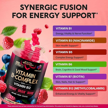 Vitamin B-Complex Gummies for Women & Men - Vitamin B12, B1, B2, B3, B5, B6, B7 & B9 - B Complex with Vitamin C & Choline - Energy, Brain & Mood - Natural Berry Flavor, Vegan - 60 Gummies 2 Pack
