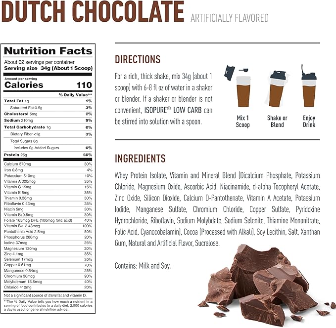 Isopure Low Carb 100% Pure Whey Isolate Protein Powder, Gluten Free, With Vitamins, Dutch Chocolate, 25g Protein Per Serving, 4.5 Lbs, 62 Servings (Packaging May Vary)