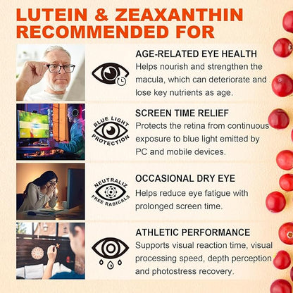 Sugar-Free Lutein Zeaxanthin Supplements Gummies (25mg) Vitamins A, C, E, Bilberry, Astaxanthin - Coconut Oil for Better Absorption - Adults & Teens Vision Health, Eye Strain, Dry Eyes - Vegan, 60Cts